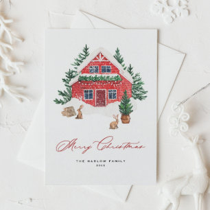 Cartão Postal De Festividades Snowy Watercolor Red Cottage Woodland Natal