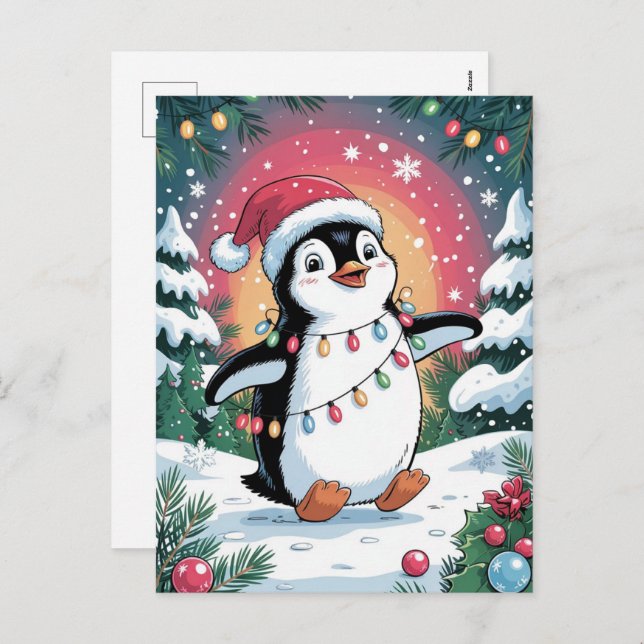 Cartão Postal De Festividades Snowy Winter Cute Penguin in Santa Hat Christmas   (Frente/Verso)