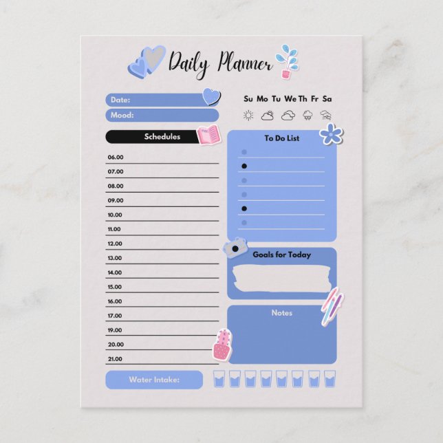 Cartão Postal De Festividades Soft Blue Daily Planner with Mood & Water Track (Frente)