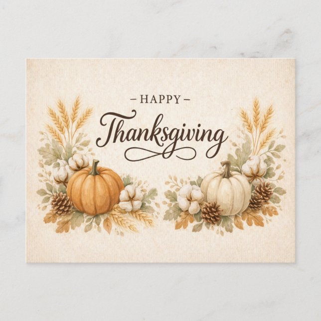 Cartão Postal De Festividades Soft Neutral Rustic Thanksgiving Pumpkin  (Frente)