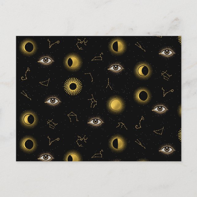 Cartão Postal De Festividades Sol Celestial Dourado Negro e Lua (Frente)