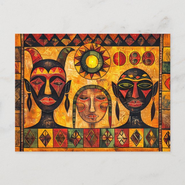Cartão Postal De Festividades Sol e máscaras africanas na pintura tribal (Frente)