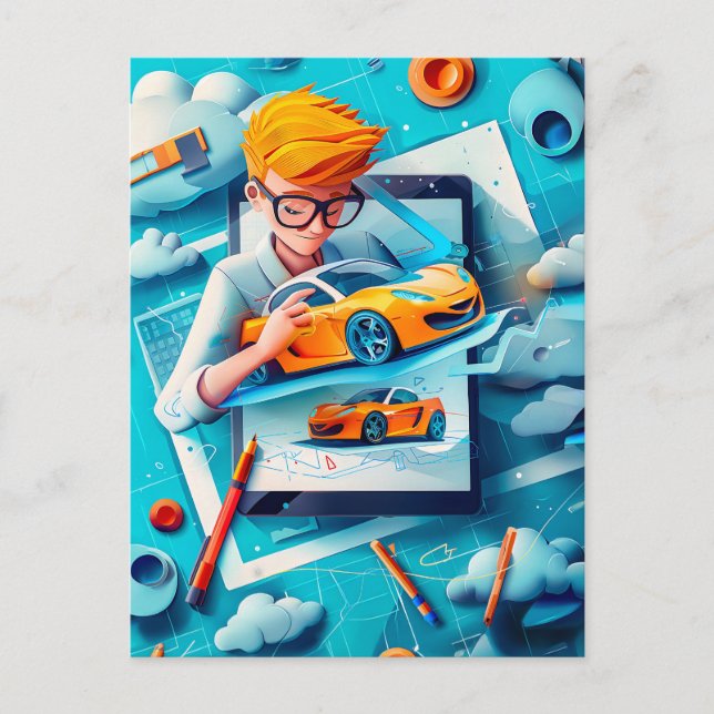 Cartão Postal De Festividades Sonho do Designer de Carro Futuro para Crianças (Frente)