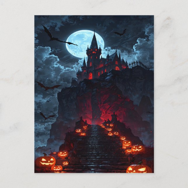 Cartão Postal De Festividades Spookire Castle Pumpkin Path Halloween (Frente)