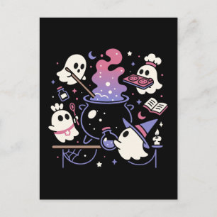 Cartão Postal De Festividades Spooky Ghost Halloween Witch Cauldron