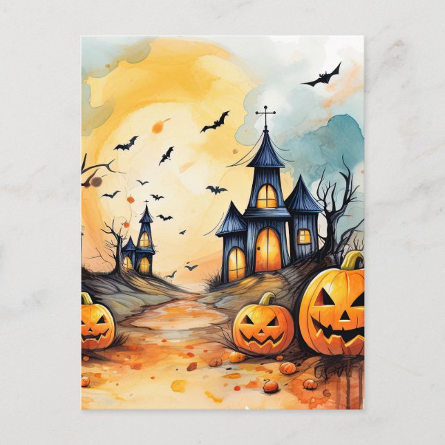 Cartão Postal De Festividades Spooky Jack O’Lanterns Bats Halloween (Frente)