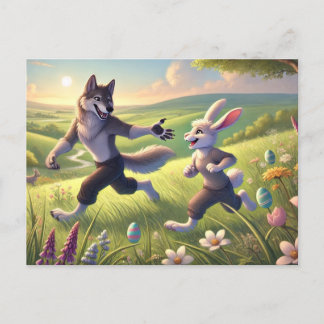 Cartão Postal De Festividades Springtime Chase - Páscoa de Lobo e Coelho Reprodu