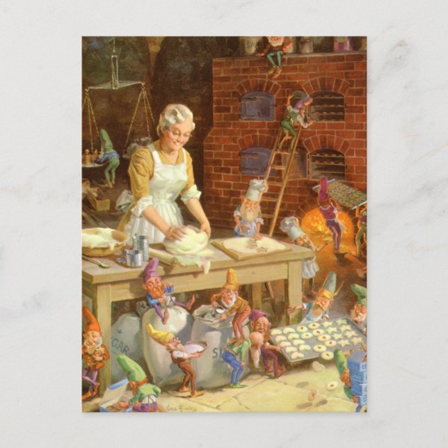 Cartão Postal De Festividades Sra. Claus Assar Biscoito com duendes do papai (Frente)