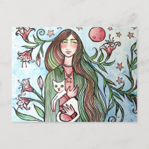 Cartão Postal De Festividades Stargazer Lily Goddese com seu Gato Branco