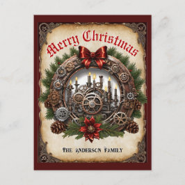 Cartão Postal De Festividades Steampunk Greenery Candles Wreath Cogs Natal