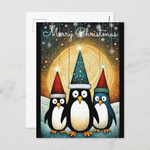 Cartão Postal De Festividades String Light Moon Papais noeis Pinguim Natal