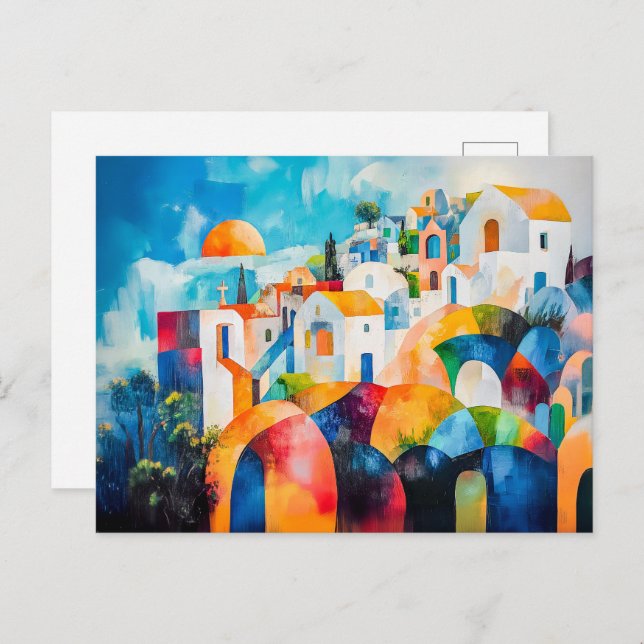 Cartão Postal De Festividades Sunlit Santorini em Cores Expressivos (Frente/Verso)