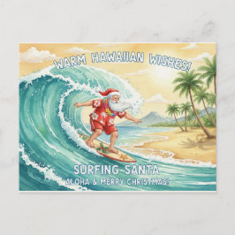 Cartão Postal De Festividades Surfing Santa on Big Wave in Hawaii Holiday 