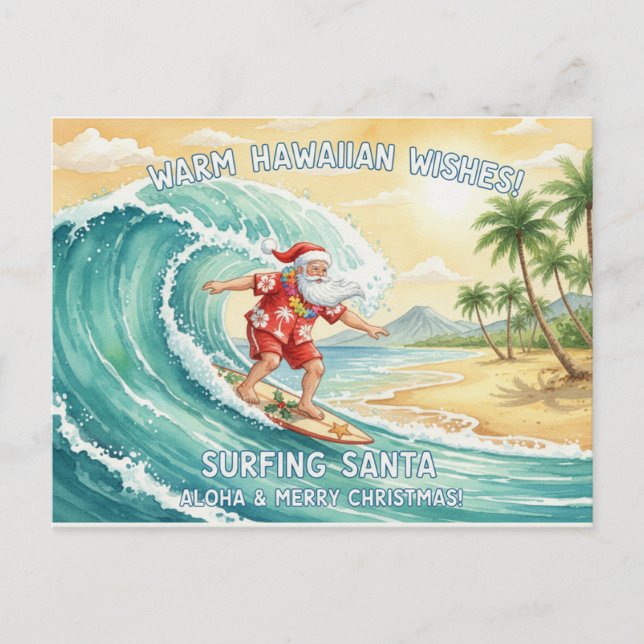 Cartão Postal De Festividades Surfing Santa on Big Wave in Hawaii Holiday  (Frente)