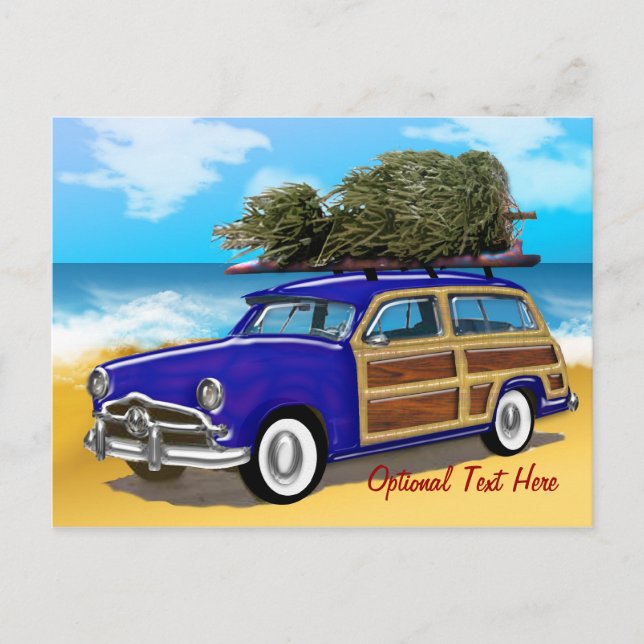 Cartão Postal De Festividades Surfing Woodie with Christmas Tree (Frente)