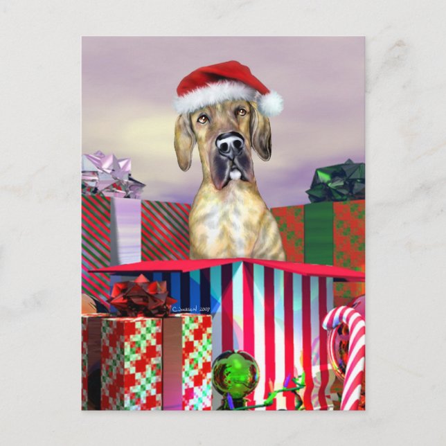 Cartão Postal De Festividades Surpresa UC rajado do Natal de great dane (Frente)