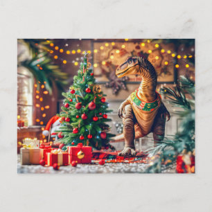 Cartão Postal De Festividades T-Rex Celebrando o Natal junto à Árvore