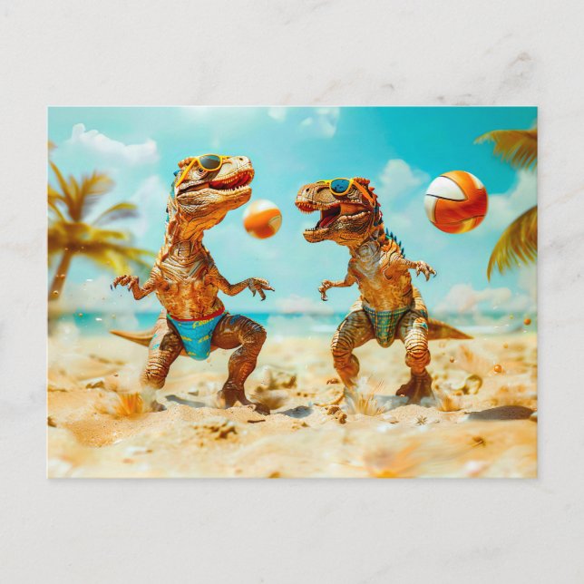 Cartão Postal De Festividades T-Rexes Tocando Bola na Praia (Frente)