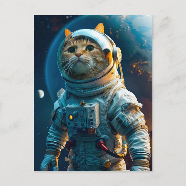 Cartão Postal De Festividades Tabby cat in astronaut suit near Earth (Frente)