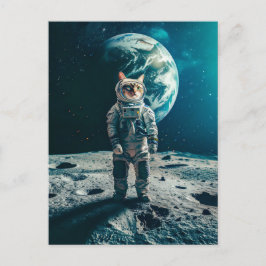 Cartão Postal De Festividades Tabby cat on moon with Earth behind