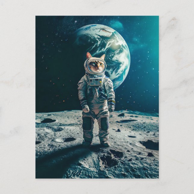 Cartão Postal De Festividades Tabby cat on moon with Earth behind (Frente)