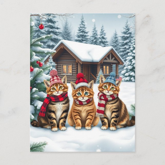 Cartão Postal De Festividades Tabby Cats in Preppy Winter Attire and Hat Winter (Frente)