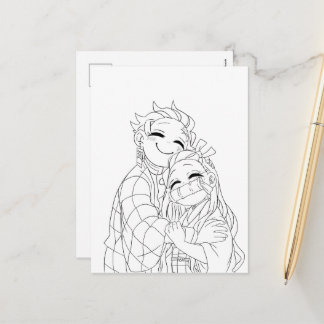 Cartão Postal De Festividades Tanjiro e Nezuko se abraçam