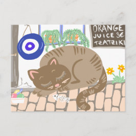 Cartão Postal De Festividades Taverna Grega Sonolenta Cena Mediterrânea Gato