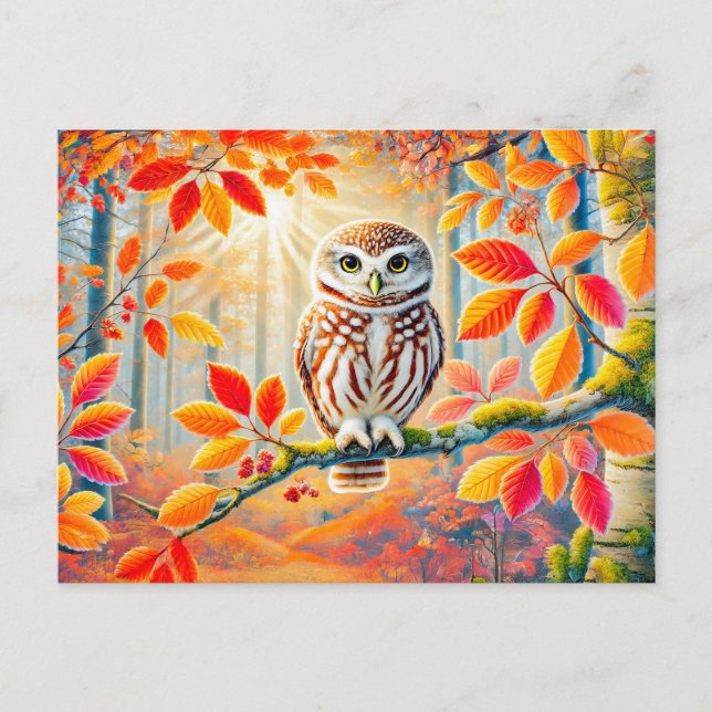 Cartão Postal De Festividades Tawny Owl na Floresta do outono (Frente)