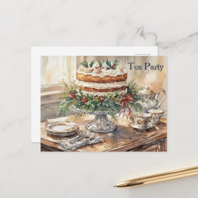 Cartão Postal De Festividades Tea Time with Cake Tea Party  (Frente/Verso In Situ)