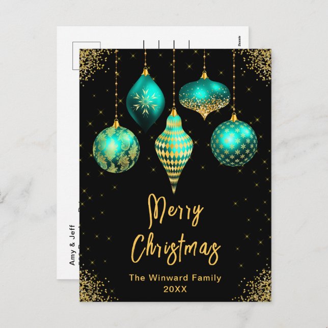 Cartão Postal De Festividades Teal and Gold Ornaments Merry Christmas (Frente/Verso)