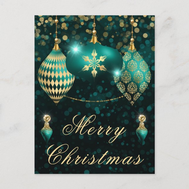 Cartão Postal De Festividades Teal e Dourada reluz Baubles Natal (Frente)