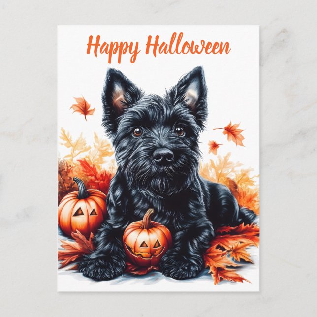 Cartão Postal De Festividades Terrier Halloween escocês (Frente)