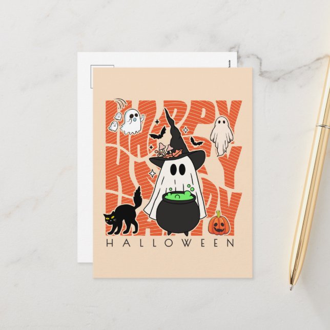 Cartão Postal De Festividades Testemunhar Divertido | Feliz Halloween Magic & Mi (Frente/Verso In Situ)