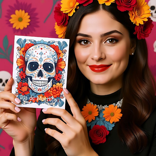 Cartão Postal De Festividades Texto personalizado azul e vermelho Día de Muertos (Custom text blue and red Día de Muertos Holiday Postcard)