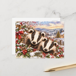Cartão Postal De Festividades Texugos de Natal – Aquarela Florestal Festiva