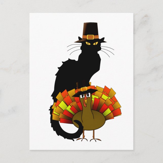 Cartão Postal De Festividades Thanksgiving Chat Noir with Turkey (Frente)