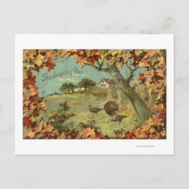 Cartão Postal De Festividades Thanksgiving DayFallen Leaves and Turkeys (Frente)