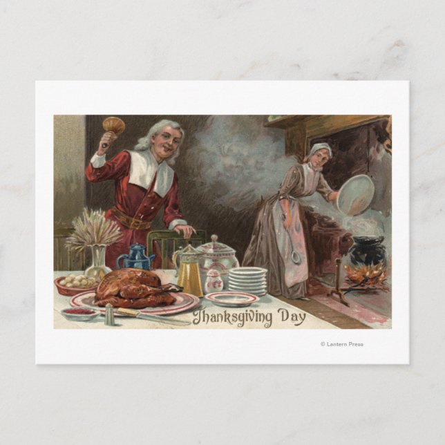 Cartão Postal De Festividades Thanksgiving DayPilgrim Dinner Scene (Frente)