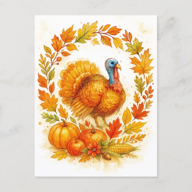 Cartão Postal De Festividades Thanksgiving Turkey Wreath Postcard (Frente)