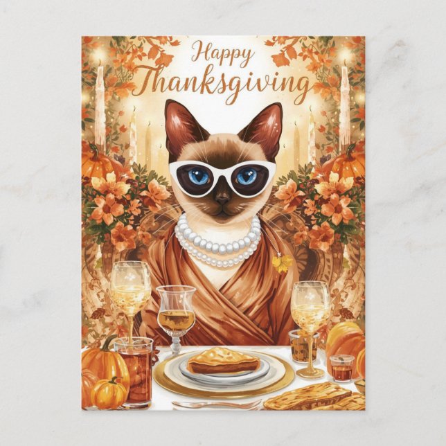 Cartão Postal De Festividades Thanksgiving with pumpkin and flower for cat lover (Frente)