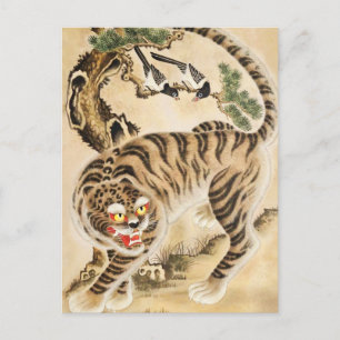 Cartão Postal De Festividades Tigre Minhwa Antigo sob Árvore de Pinheiro