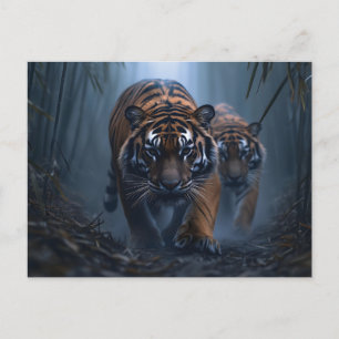 Cartão Postal De Festividades Tigres Majestosos em uma Selva Foggy