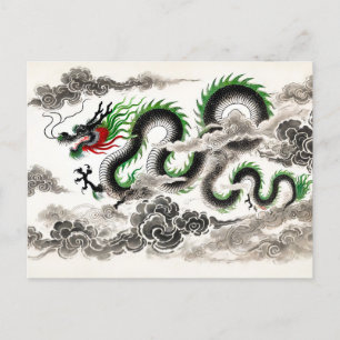 Cartão Postal De Festividades Tinta chinesa do Dragão Majestoso Sofrendo em Nuve