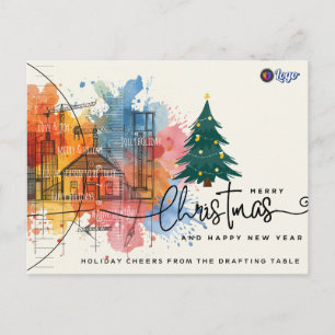 Cartão Postal De Festividades Tinta em Aquarela Azul Impressão Arquitetura Natal