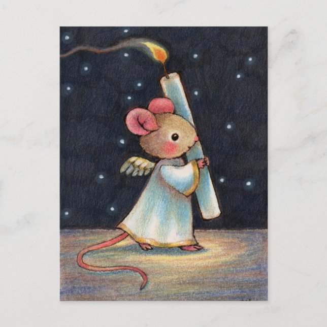 Cartão Postal De Festividades Tiny Flame - Cute Christmas Angel Mouse Art (Frente)