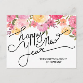 Cartão Postal De Festividades Tipografia do Feliz ano novo das Flores de Aquarel