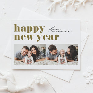 Cartão Postal De Festividades Tipografia Retro Dourada Feliz Férias Duas Fotos