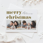 Cartão Postal De Festividades Tipografia Retro Dourada Feliz Natal Duas Foto<br><div class="desc">Feliz Natal! Envie seus Cartões de natal para a família e amigos com este cartão postal de Natal personalizável. Apresenta tipografia retrógrada. Personalize adicionando seus detalhes. Este cartão-postal de Natal vermelho está disponível em outros estoques de cartão. Itens correspondentes estão disponíveis.</div>