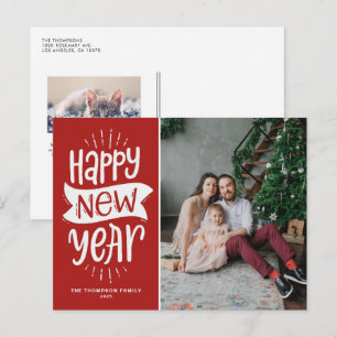 Cartão Postal De Festividades Tipografia Rústica Ano Novo Feliz Foto Vermelha